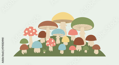 A colorful collection of various illustrated mushrooms and toadstools.