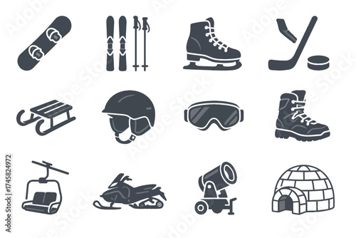 Winter sports icons: snowboard, skiing, ice skating, hockey, snowmobile, igloo