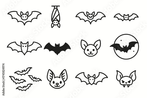Collection of cute bat icons in various styles and poses