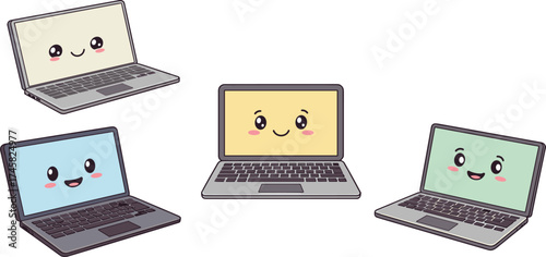 Cartoon laptops vector, smiling tech devices, cheerful screens, digital illustration, emotional gadgets, friendly computers, isolated background, stock image, fun design