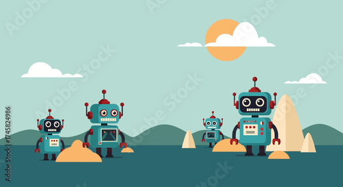 A family of cute vintage robots in a minimalist outdoor setting.