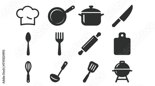 Silhouette icons of kitchen tools including pot pan knife and spatula