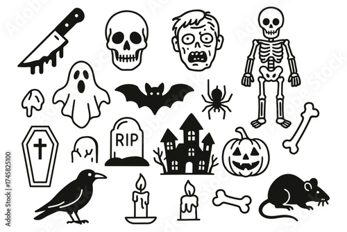 Halloween icons: ghosts, skulls, pumpkins, and spooky symbols for festive designs