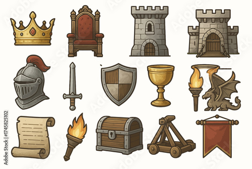 Medieval icons set: crown, armor, castle, sword, and more