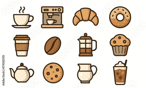 Cute coffee and bakery icons set: coffee cup, croissant, donut, muffin, teapot, french press