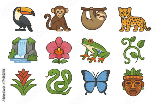 Colorful jungle animals and plants: toucan, monkey, sloth, jaguar, frog, snake, butterfly