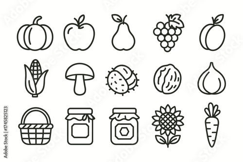 Harvest icons set: pumpkin, apple, pear, grapes, peach, corn, mushroom, chestnut, walnut