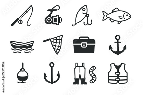 Essential fishing gear icons: rods, reels, lures, fish, nets, and anchors