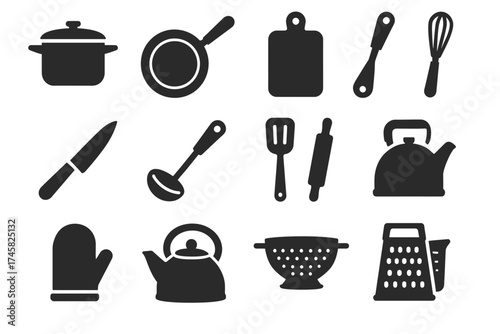 Kitchen utensil icons: pot, pan, cutting board, knife, spoon, whisk, oven mitt, kettle, grater, colander