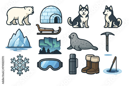 Arctic adventure icons: polar bear, husky, igloo, iceberg, northern lights