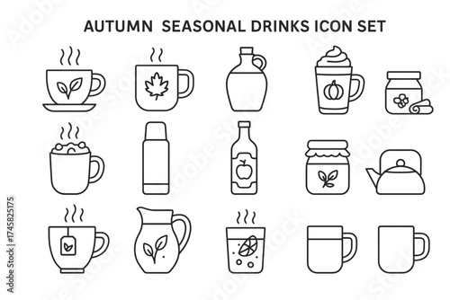 Autumn seasonal drinks icon set: outline of hot beverages and ingredients