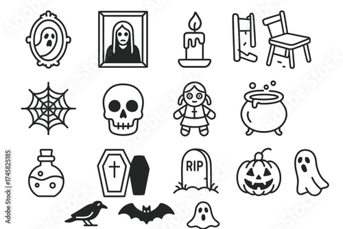 Halloween icon set: ghosts, skull, candle, and spooky symbols for spooky themes