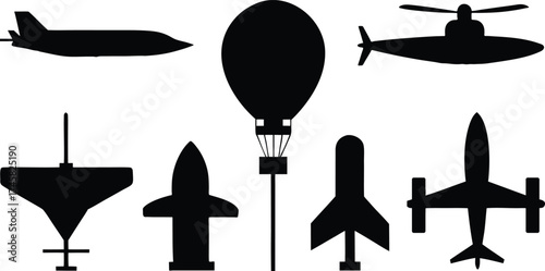 Aircraft Airplane Helicopter Silhouettes of Flying Vehicle Set