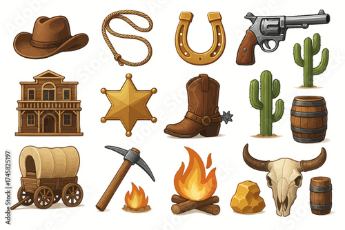Western icon set: cowboy gear, cactus, fire, gold, skull, wagon, and more