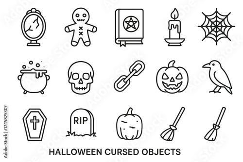 Halloween themed icons: cursed objects collection for spooky festivities