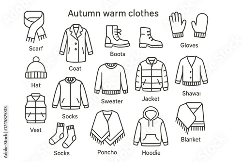 Autumn warm clothes icons: jacket, sweater, gloves, scarf, hat, coat, socks, vest