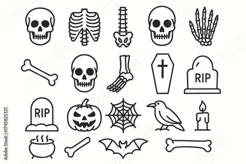 Halloween icons: skulls, bones, tombstones, pumpkin, and spider web