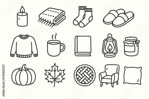 Cozy autumn essentials: candle, blanket, socks, slippers, sweater, mug, book, lantern, jam, pumpkin, leaf, pie, chair, pillow