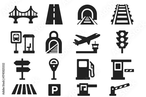 Transportation icons set: bridge, road, tunnel, railway, airplane, traffic light