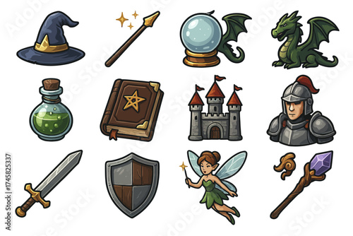 Magical fantasy icons: wizard hat, dragon, knight, potion, castle, enchanted fairy, sword, shield