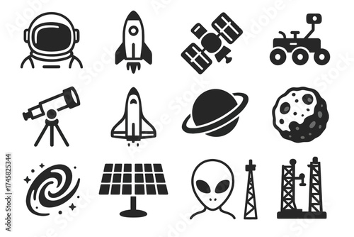 Space technology icons: astronaut, rockets, satellite, telescope, alien, planet, galaxy, moon