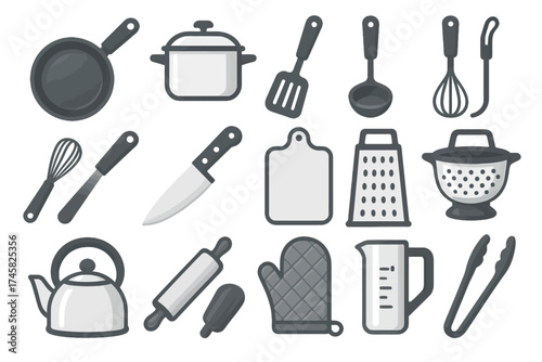 Collection of kitchen utensils and cooking tools for culinary tasks