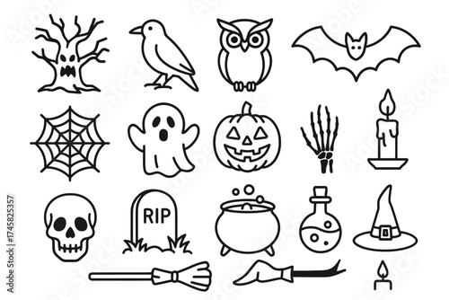 Spooky halloween icon set with pumpkin, ghost, and skull images for decorations and crafts