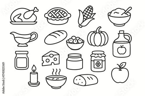 Outline illustrations of thanksgiving food and autumn harvest symbols