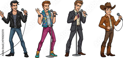 Cartoon male singers, microphone performance, music styles, genre diversity, stage pose, retro fashion, vector illustration, character design, sound, talent