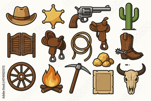 Western icons collection: cowboy hat, cactus, revolver, saddle, gold nuggets, skull