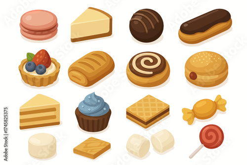 Assorted pastries and sweets collection with cakes and candies