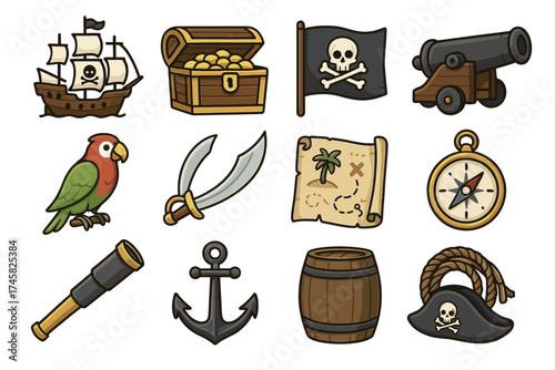 Pirate adventure icons: ship, treasure, parrot, map, telescope, anchor, cannon, hat