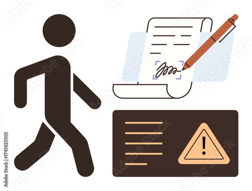 Silhouette of a person walking, pen signing a document, and alert icon. Ideal for agreements, compliance, notification, risk, documentation transactions urgency. Simple flat metaphor