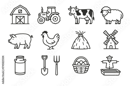 Farm life icons: barn, tractor, animals, tools, and produce in line art style