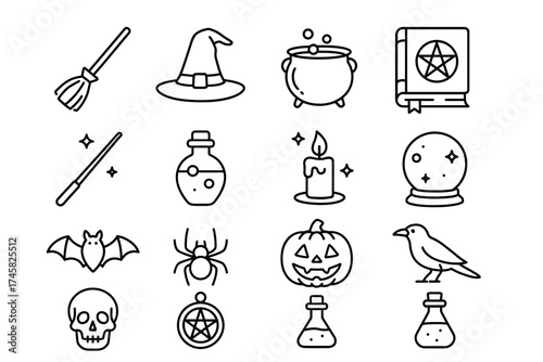 Witchcraft icons: broom, hat, cauldron, spellbook, magic, candle, bat, spider, pumpkin