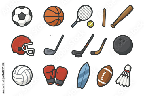 Colorful sports equipment icons including soccer ball, basketball, tennis racket, and more