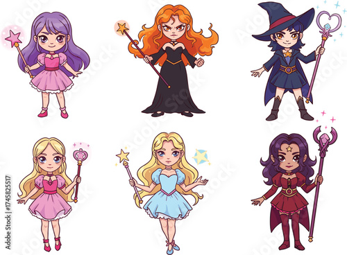 Cartoon magical girls, fantasy outfits, wand poses, character diversity, sparkles, enchantment theme, vector illustration, magic costume, whimsical style, charm