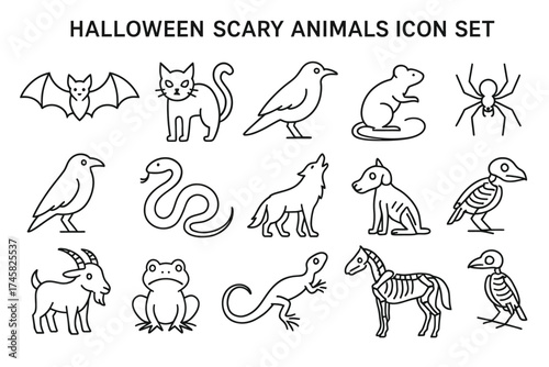 Halloween scary animals icon set featuring bats, cats, birds, and more