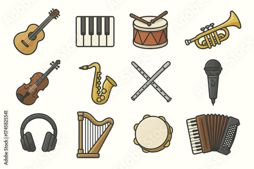 Diverse musical instrument icons featuring guitar, drum, piano, trumpet, violin, saxophone, and more