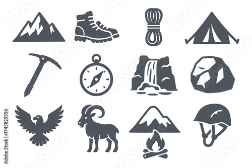Outdoor adventure icons: mountain, boot, rope, tent, compass, waterfall, rock