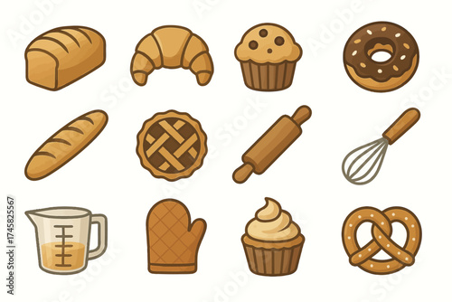 Assorted bakery icons: bread, croissant, muffin, donut, pie, whisk, and more