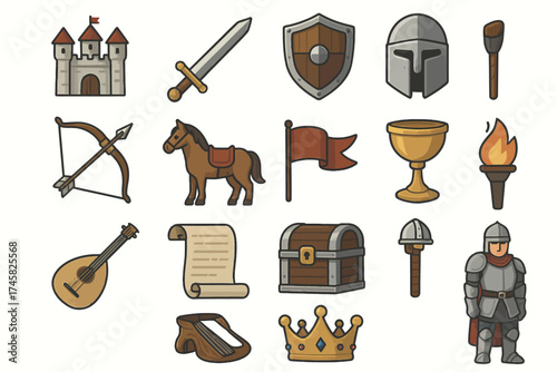 Medieval icons set with castle, armor, sword, and knight