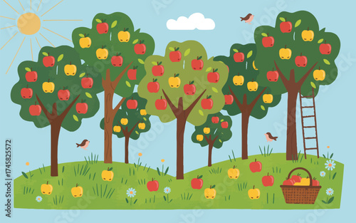 Apple Trees in Garden Vector Applique – Vibrant Digital Artwork Depicting Orchard Landscape with Fruit Trees and Green Leaves for Seasonal and Artistic Design Projects