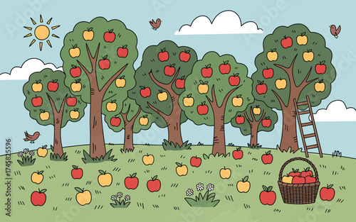 Apple Trees in Garden Vector Applique – Vibrant Digital Artwork Depicting Orchard Landscape with Fruit Trees and Green Leaves for Seasonal and Artistic Design Projects
