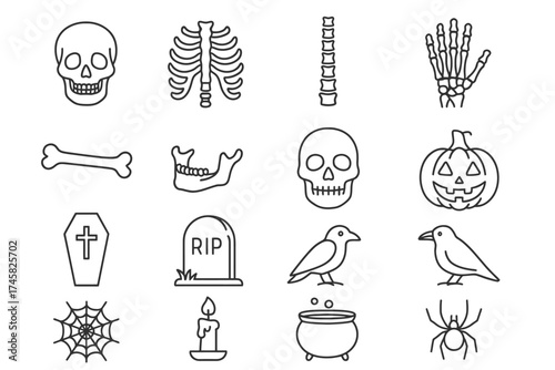 Halloween icon set: skulls, skeletons, tombstone, pumpkin, and more spooky symbols