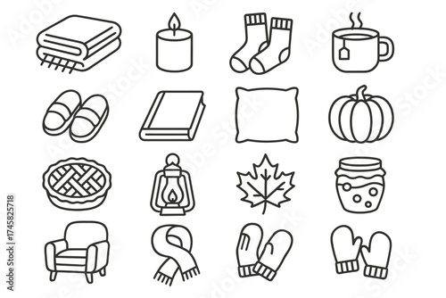 Cozy autumn icons featuring candle, cup, book, pillow, and warm clothing