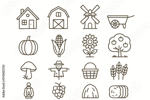 Farm icons set: barn, windmill, vegetables, fruits, basket, scarecrow, tools outline illustration
