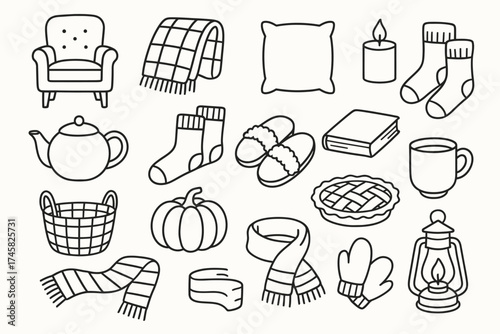 Cozy hand-drawn autumn icons: blanket, pillow, candle, socks, teapot, mug, pie, lantern, mittens