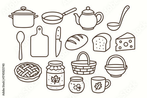 Line art cooking utensils and food items: pot, pan, bread, cheese, knife, tea