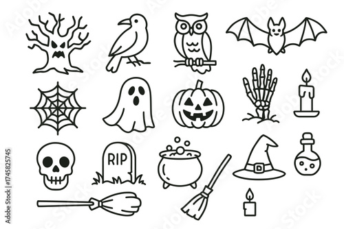 Halloween icons: ghost, pumpkin, tombstone, owl, spider web, witch hat